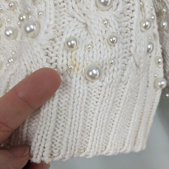 Vintage 90s Sweater Cable Knit Pearl Cropped Off White Coquette Feminine M - Picture 11 of 13
